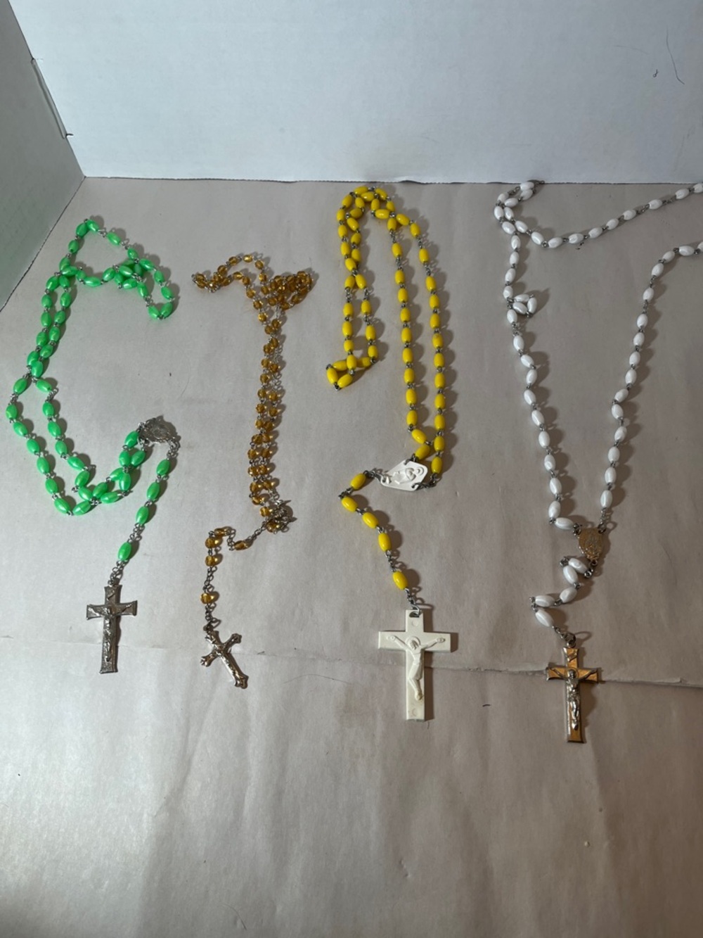 Colorful Rosary Necklace Lot - Green, Yellow, White, Gold vintage